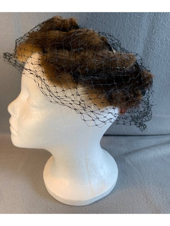 Ladies Black & Mauve Satin Fur and Netting Hat UnionMade Vintage main image 4
